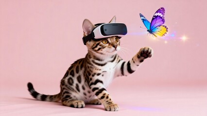 Cat wearing VR headset chasing butterfly