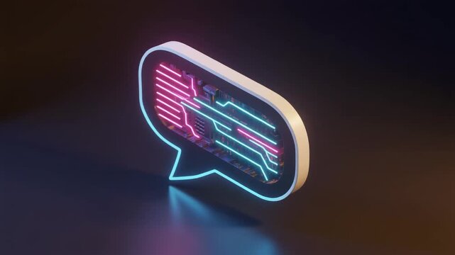 Futuristic digital chat bubble with glowing circuit board pattern representing artificial intelligence and communication