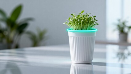 Small plant in glowing cup on table