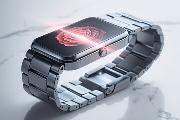 A stylish, high-tech wristwatch displays an elegant red rose hologram, set on a pure white marble surface, where it presents sharp lines and a shallow depth-of-field effect under studio lighting.