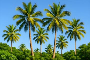 Tall palm trees rise above dense green foliage under a clear blue sky creating a tropical summer scene filled with sunlight and a sense of relaxation and warmth