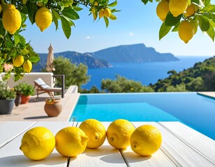Sunny scene with lemons on a table overlooking a pool, the sea, and a distant mountain range