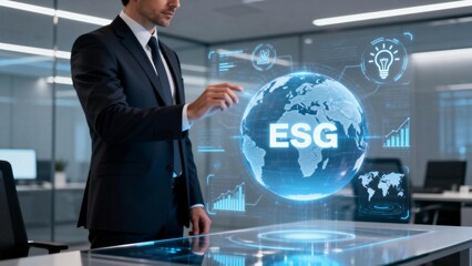Businessman interacting with ESG hologram