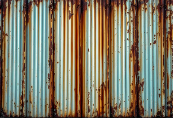 Obraz premium Corrugated metal panels display streaks of orange rust and patches of peeling paint with vertical ridges and weathered textures creating an industrial and aged appearance