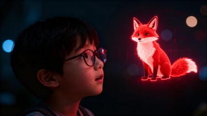 Boy gazes at glowing fox