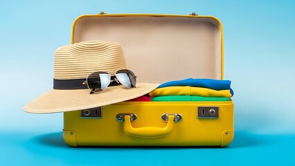 Open Yellow Suitcase Packed for Summer Vacation with Hat and Sunglasses