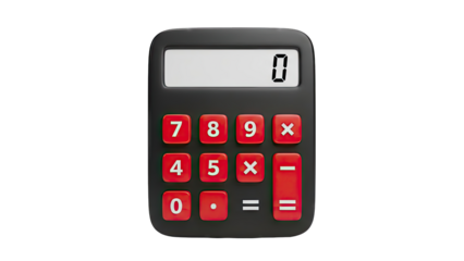 Black Calculator with Red Buttons and Zero Display