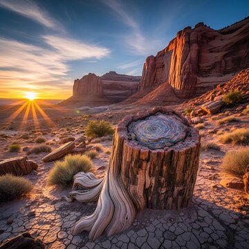 Ancient petrified wood stump sits prominently against a backdrop of sunlit desert mesas at twilight