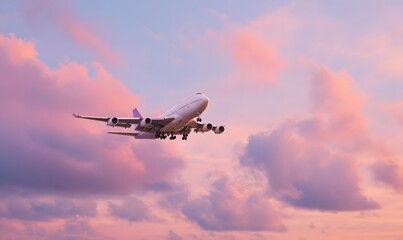 A passenger airplane flying across a dreamy sunset sky, vertical composition, viewed from below in dramatic perspective, aircraft mid-flight with landing gear partially extended