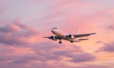 A passenger airplane flying across a dreamy sunset sky, vertical composition, viewed from below in dramatic perspective, aircraft mid-flight with landing gear partially extended