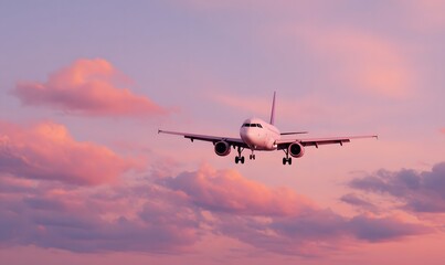 A passenger airplane flying across a dreamy sunset sky, vertical composition, viewed from below in dramatic perspective, aircraft mid-flight with landing gear partially extended