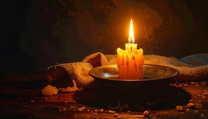 A burning candle in a metal dish rests upon a wooden table, next to a cloth. The scene is illuminated by the candle's flame