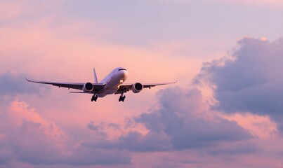 A passenger airplane flying across a dreamy sunset sky, vertical composition, viewed from below in dramatic perspective, aircraft mid-flight with landing gear partially extended