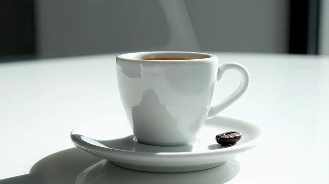 A minimalist still life featuring a white ceramic cup of espresso with a single coffee bean resting on a reflective surface conveying warmth and morning routine