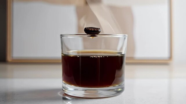 A single coffee bean gracefully falling into a glass of rich dark espresso a moment of indulgence and sensory pleasure captured in a minimalist still life