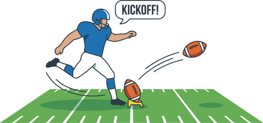 Vector illustration of an American football player kicking a ball from a tee on a green field, accompanied by a speech bubble with the text "KICKOFF!" indicating the start of a game. © Muntaha Studio