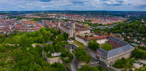 Aerial panorama view around the old town city  Würzburg in Germany on a cloudy day in spring.