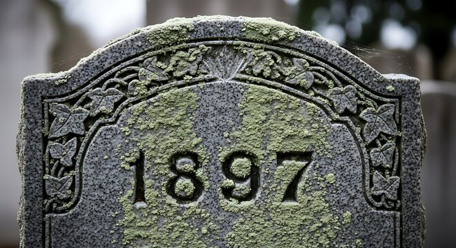 Weathered granite headstone features engraved number from the late nineteenth century covered in moss
