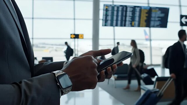 Businessman checks his smartphone while waiting at a modern airport terminal showcasing travel technology and business on-the-go lifestyle