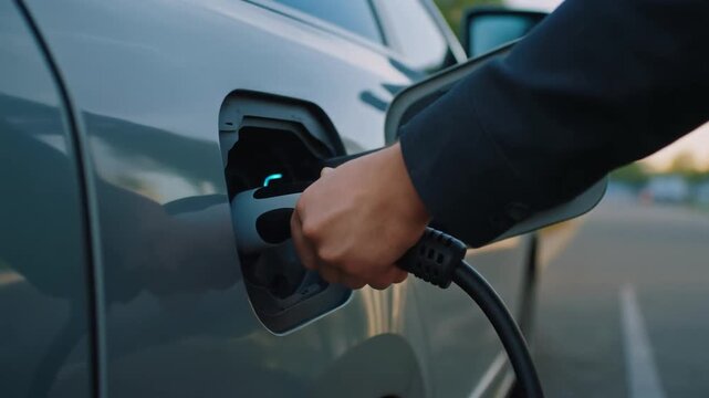 Close-up of hand plugging charging cable into electric vehicle in a parking lot with fake news signage in background.