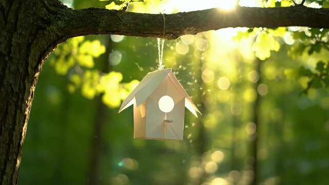 Charming miniature birdhouse hangs from a sun-drenched tree branch in a lush forest setting evoking feelings of nature tranquility and whimsical home design