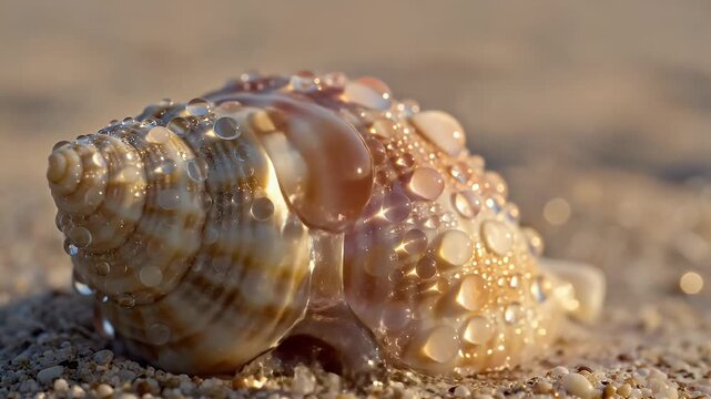 Close-up of a beautiful seashell glistening with water droplets on sandy beach capturing a tranquil coastal scene and natural beauty for travel or nature themes