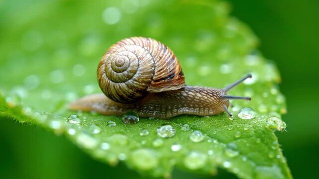 A garden snail moving slowly across a vibrant green leaf covered in crystal clear dewdrops. Detailed macro shot of gastropod shell and tentacles in a natural rainforest environment. 4K macro.