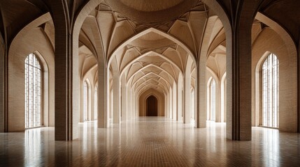 Grand arched interior perspective with columns and bright daylight reflections