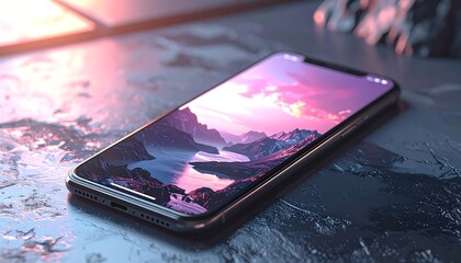 A close-up shot of a modern smartphone on a textured surface, showcasing a vibrant landscape wallpaper with mountains and a river