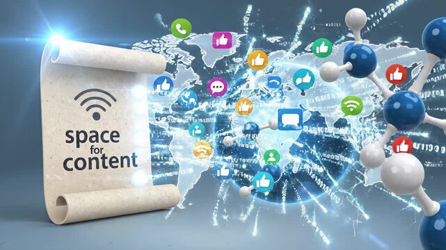 This dynamic 3D animation presents a conceptual representation of global digital communication and content sharing. A textured parchment scroll, featuring "space for content" and a Wi-Fi symbol, ancho