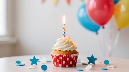 A birthday cupcake with a lit candle on a table surrounded by stars and balloons