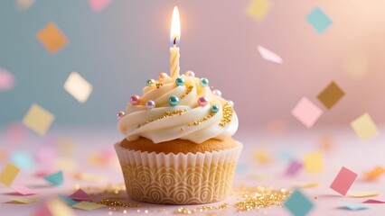 A single cupcake with a lit candle stands amidst colorful confetti on a bright pastel background