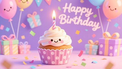 A happy birthday cupcake with a smiling face and lit candle surrounded by colorful balloons and confetti