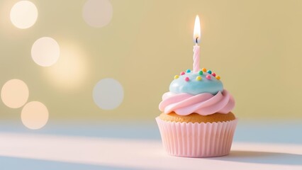 Celebratory cupcake with lit candle on pastel background