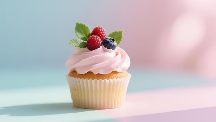 A cupcake with pink frosting and berries on a pastel background