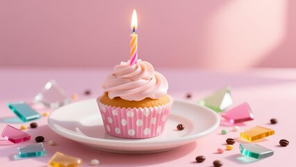 A cupcake with pink frosting and a lit candle on a plate surrounded by colorful candies and chocolate chips