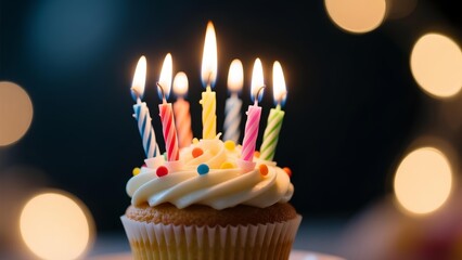 A cupcake with lit candles on a table with blurred lights in the background
