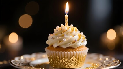 A golden cupcake with a lit candle on a decorative plate