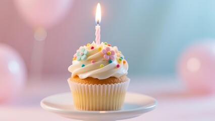 A cupcake with frosting and a lit candle on a white plate in a pastel-colored setting