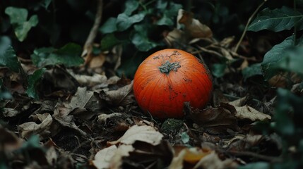 Single orange pumpkin on ground with autumn leaves