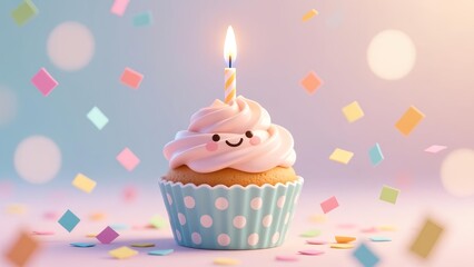 A smiling cupcake with a lit candle surrounded by colorful confetti