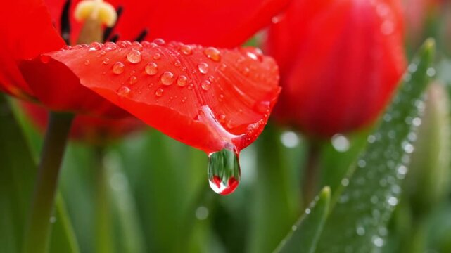 A heavy water droplet falling from the petal of a bright red tulip flower after rain. Extreme macro of moisture and dew in a spring garden with soft bokeh background. 4K floral beauty.