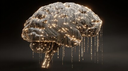 Conceptual representation of a digital brain with glowing circuits and data streams