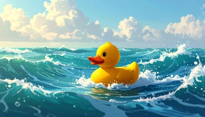 A vibrant rubber ducky floats on ocean waves under a partly cloudy sky. Its yellow form pops against the blue, offering a playful, summer scene