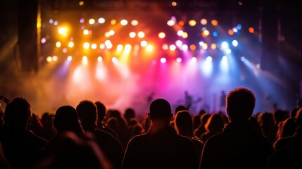 Concert crowd enjoying vibrant stage lights and music performance atmosphere