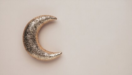 A Ramadan-themed crescent moon decoration with gold and silver sequins on a beige background, shot with a shallow depth of field.