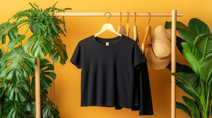 Black t shirt and straw hat on wooden rack with green plants