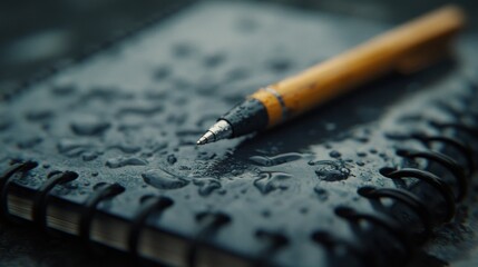 Rain soaked notebook with pen dark moody close up