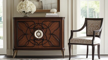 Elegant wooden cabinet and armchair in bright room intricate design home decor