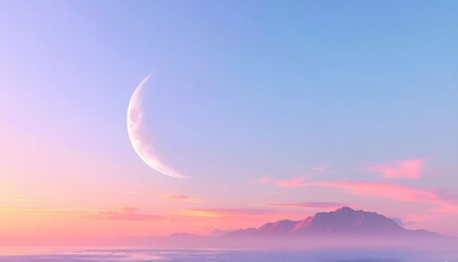 Serene landscape of a crescent moon in a pastel-colored sky with pink clouds over a mountain range during Ramadan.